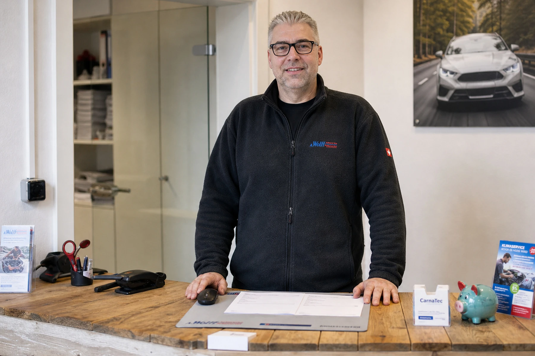Rüdiger Wolff an der Kundendienst-Annahme von Wolff Autoservice